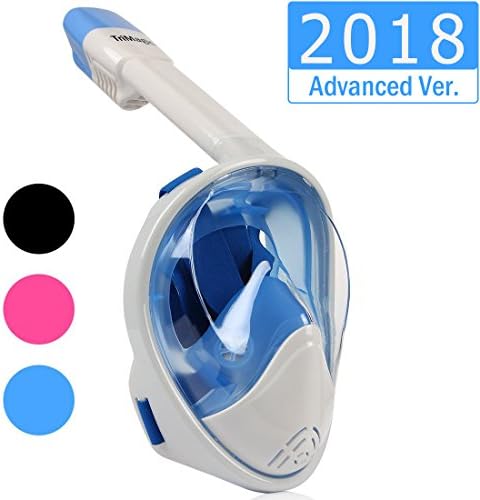 Snorkel Mask, TriMagic 180° Panoramic Full Face Design with Larger Viewing Area - Easy Breath and GoPro Compatible with Anti-Fog and Anti-Leak (2017 New Version)Blue White