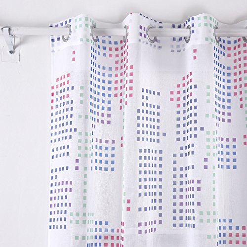 Deconovo Leinen Optik Bunt Ösenschal, Voile Vorhang, Voile Gardinen, HxB: 245×140 cm, Rot/Blau/Grün/Lila Quadrat, 2er set - 2