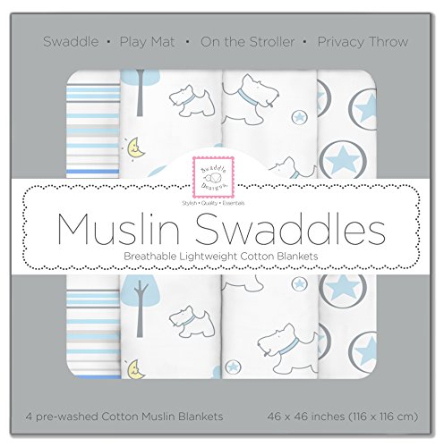 SwaddleDesigns X-Large Muslin Swaddle Blanket, Blue Forest (Set of 4 in Blue)