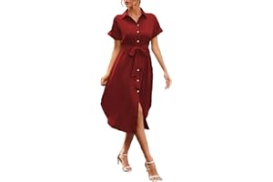 Yageshark Letnia sukienka damska, jednokolorowa, dekolt w serek, guziki, luźna sukienka na czas wolny, sukienka midi z paskiem