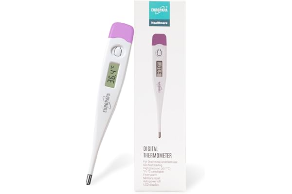 EUROPAPA Thermomètre de fièvre numérique pour bébés, enfants et adultes, thermomètre pour voie orale, axillaire ou rectale, étanche avec alarme de fièvre (Violet)