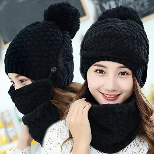 Womens Line Hat Winter Thickening and Cashmere Warm Wind-Proof Earmuff Cap Riding Hat Knit Hat Collar Mask Set,Black