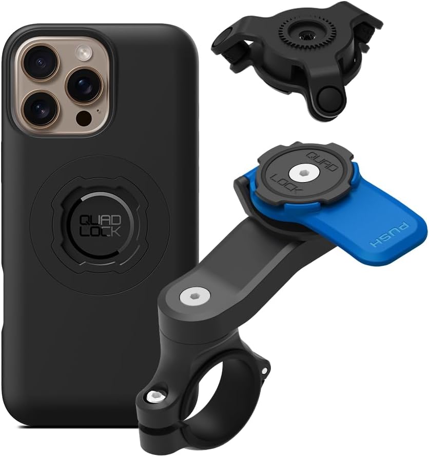 QUAD LOCK Soporte de Teléfono para Manillar de Moto con Amortiguador de Vibraciones y Funda mag para iPhone 16 Pro MAX