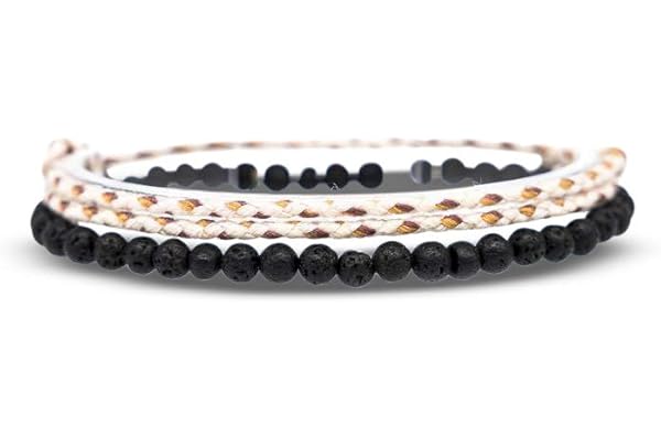 Made by Nami Pulsera Boho Surfer Set de 2 con Perlas - Mujer y Hombre- Accesorios para Fiestas y Playa - Hechos a Mano - Resistente al Agua y Ajustable - Pulseras Amistad (Piedra de Lava & Beige)
