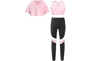 TiaoBug Girls Hoodie T-Shirt Sleeveless Tank Crop Top with Athletic Leggings Sportswear 3Pcs Dance Suit
