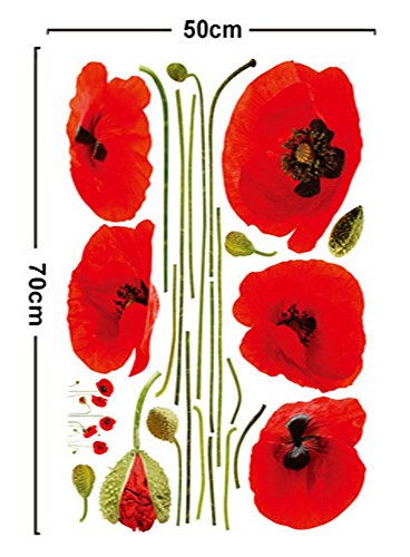 SMARTLEGEND Abnehmbare Wandsticker Wallsticker Wandtattoo Größe: 50cm*70cm Home Decoration Rot Blumen Mohn fashion - 4