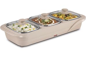 Jaypee Plus E-3 Bowl Electrical Serving Casserole Chafing Dish,1000ml Each |Stainless Steel 3 Dish Food Buffet Server |3 in 1 Electiric Bowl for Reheating Food, Beige