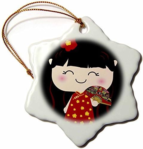 cwb2jcwb2jcwb2j 3-Inch Porcelain Snowflake Decorative Hanging Ornament, Cute Kawaii Cartoon Japanese Chinese Girl Doll In Traditional Red Gold Dress And Fan