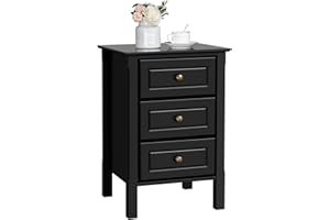 Yaheetech Mesita de Noche con 3 Cajón 40x40x60cm Mesa Auxiliar de Madera Negro Estilo Clásico Mesilla de Noche para Dormitorio Salón Sala de Estar