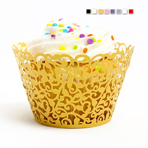 Baloray Cupcake-Papier, filigran, Spitze, mit Laser geschnitten, für Hochzeit, Geburtstag, Party-Dekoration, flower Gold, 50pcs - 6