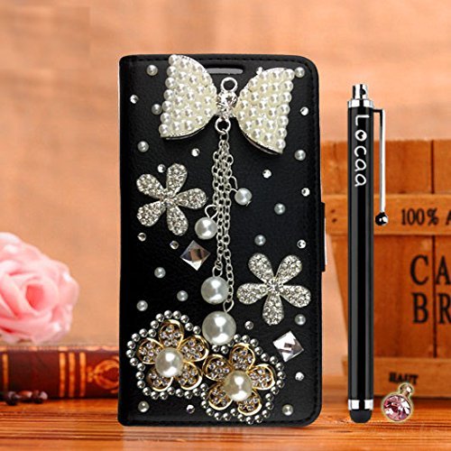 Locaa-TM Case for Google Pixel 2 XL 2XL 3D Bling Protector Luxury Cute Crystal Present Leather Housing Cover Shell Cases [Colorful] Black & Bowknot