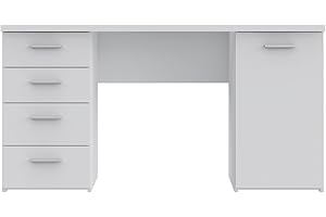 ‎FORTE FORTE Net106 Schreibtisch mit 4 Schubladen und 1 Tür, Holzwerkstoff, Weiß matt, 145 x 60 x 76.3 cm
