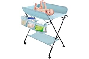 KEDIA Baby Wickelkombi - klappbare Wickelkommode, mobiler Wickeltisch mit Wickelauflage, Sicherheitsgurt und Ablagefächern, platzsparend & stabil 80 * 66 * 98cm (Himmelblau)