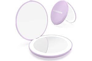 wobsion Compact Mirror with Light, 1x/10x Magnifying Led Travel Makeup Mirror, Handheld 2-Sided Pocket Mirror, Compact Magnifying Mirrors for Handbag, Small Pocket Mirror Round, Purple
