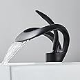 Brass Waterfall Faucet Core Elegant Single Hole Bathroom Vessel Sink Unique Contemporary Vanity for Tall Swan Faucet（Black)