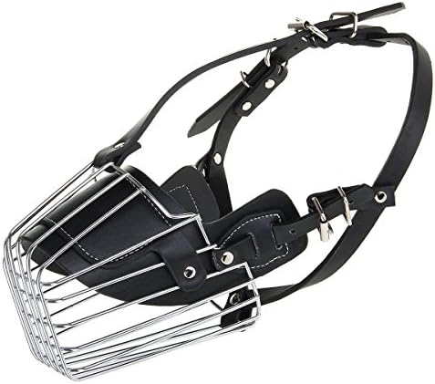 GoBuying Extra Large XL Wire High Quality PU Leather &amp; Stainless Steel Metal Cage Pet Dog Muzzle Anti-bite Basket Mouth Cover Bark Protective Chew Safety Mask Cane Corso Great Dane Size 5.1 Inch