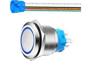 Gebildet 0.87 Inch/22mm Stainless Steel Momentary Push Button 230V AC 3A LED 1NO1NC SPDT ON Off Waterproof with Wire Socket Plug (Blue LED)