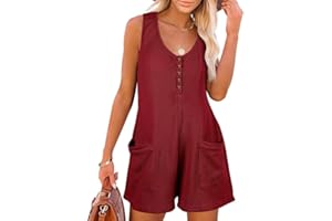 Sukiglam Mono Mujer Verano Sin Mangas Cuello en V Jumpsuit Corto Casual Sueltos Jumpsuit Petos Elegante Pierna Ancha Monos Tapeta de Botones Una Pieza Monos Pantalon con Bolsillos Playa Playsuit