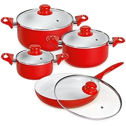 TecTake 8pcs Batterie de Cuisine Kit Casseroles Poêle Céramique Marmites - diverses couleurs au choix - (Rouge | No. 401194)