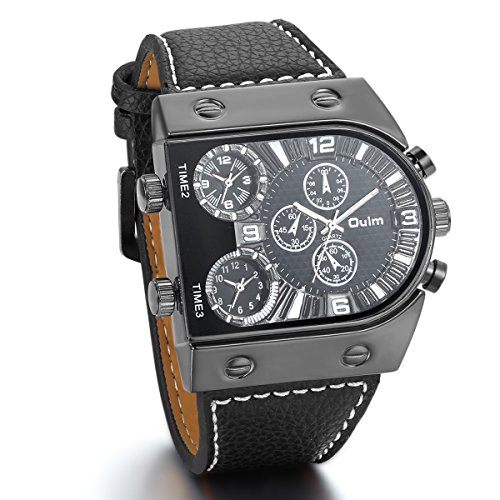 JewelryWe Herren Armbanduhr, 3 Zeitzone bergroe Militr Sportuhr Analog Quarz Uhr mit Schwarz Leder Armband & Schwarz Zifferblatt JewelryWe Herren Armbanduhr, 3 Zeitzone bergroe Militr Sportuhr Analog Quarz Uhr mit Schwarz Leder Armband & Schwarz Zifferblatt