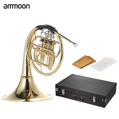 ammoon French Horn B/Bb Flat 3 Key Brass Gold Lacquer Single-Row Split Wind Instrument with Cupronickel Mouthpiece Case