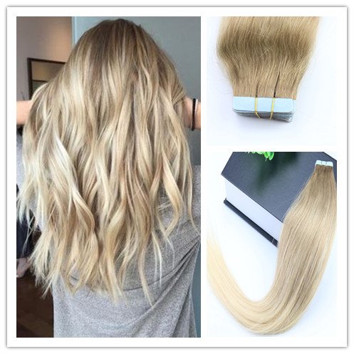 Tape In Hair Extentions Ombre Balayage Color Brown 6# mixed with Blonde 24# 20pcs/50g Human Remy Hair Extensions Silky Straight 16inch