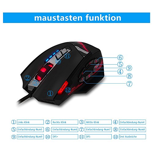 ECHTPower Programmierbare Gaming Maus für Pro Gamer, 12 Tasten, 4000dpi, Marko Funktion, Feuer Tasten, DPI einstellbar, USB Wired Kabel Gaming Mäuse LED beleuchtete Funkmaus Mouse, optisch, ergonomisch - 2