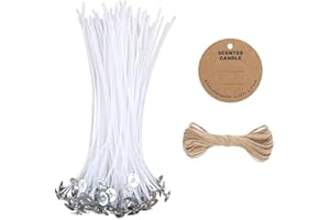 BOLOSA Candle Wicks, 50 Pcs 10cm Cotton Pre Waxed Candle Wicks for Making Candles with 20 Tag Labels and 20 Jute Strings, Long Lasting with No Black Smoke for DIY Crafts
