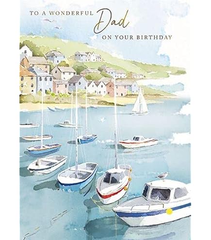 Traditional Male Birthday Card For Him - Watercolour Coastal Sailing Boat Design - Blue Coast Landscape Birthday Card For Men - Birthday Card For Dad, Uncle, Grandad, Brother | Blank Inside Envelope - View #2
