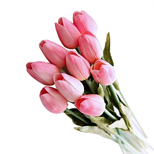 10 Stück JUYUAN-EU Tulpe künstliche Blumen mit Blätter Dekoriere Kunstblumen Latex Real Touch Bridal Wedding Bouquet Home Decor Hell Rosa