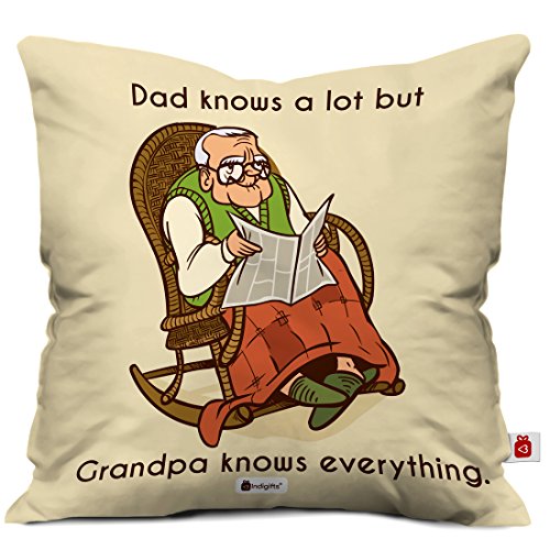 Indigifts Grandfather Birthday Gifts Grandpa Knows Everything Quote Grandfather Illustration Beige Cushion Cover 12x12 inches with Filler - Gift for Grandparents Anniversary, Dada-Nana-Birthday