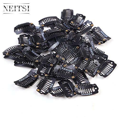 Neitsi® 50PCS Clip for Hair Extensions Wigs I SHAPE U SHAPE Metal Hair Snap Clips DIY (Black#, I shape--2.3cm)