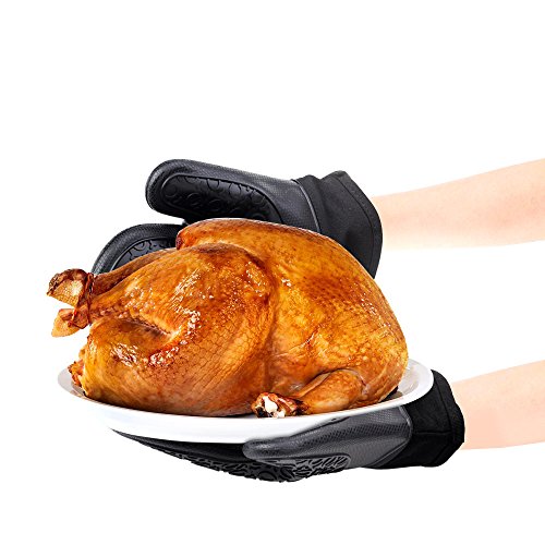 Jonhen Ofenhandschuhe Silikon Hitzebeständige, Topfhandschuhe Topflappen zum Küche,Backen,Kochen,Barbecue,Grillen,1 Paar,Schwarz,Gratis Bürste & Topf Halter - 6