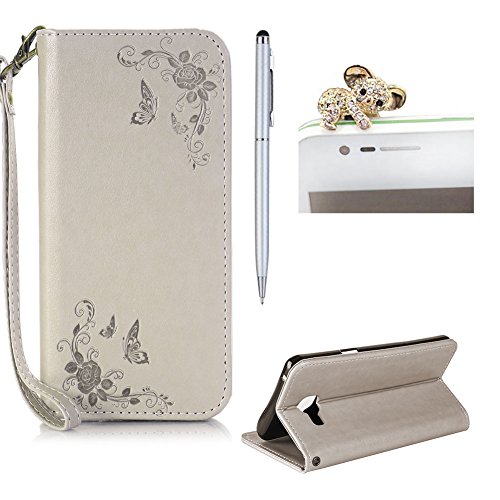SKYXD Leder Hülle für Samsung Galaxy A5 2016 Rosen Blumen und Schmetterlings Muster,PU Folio Klappbar SchutzHülle [Brieftasche Kartenfach / Magnet / Standfunktion / Trageschlaufe] KlappHülle für mit [Koala Handyanhänger + Eingabestift] 3 in 1 Zubehör Set Handy Tasche Etui for für Samsung Galaxy A5 2016 A510F Bookstyle Flip Case Leather Cover With [Stylus and Dust Plug]- Grau