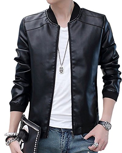 Moollyfox Chaqueta Cazadora Imitación De PU Piel Manga Larga Chaquetas De Moto para Hombre Negro L