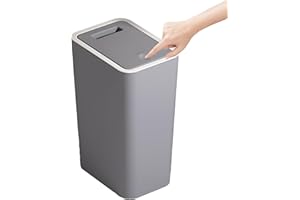KONGMING Bedroom Bin,Push Button Plastic Bin for Bedroom,10L Slim Bathroom Bin with Lid,Narrow Waste Bin for Bathroom Anti-Odour,Plastic Thin Trash Can for Office,Living Room,Kitchen,Toilet (Grey)