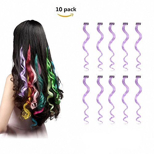 FESHFEN 10 Pcs Light Purple Curly Wave Clip on in Hair Extensions Hairpieces 18 Inches Long Remy Hair Colored Party Highlights Hair Accessories DIY Hair Decoration Cosplay with Gift Hairpin