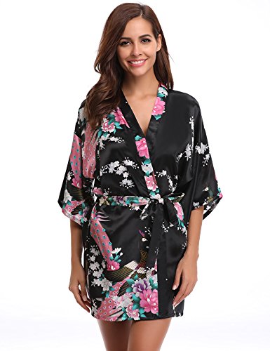 Aibrou Damen Morgenmantel glatte Satin Nachtwäsche Bademantel mit Peacock und Blume Kimono Negligee Seidenrobe Schlafanzug Glanz Look kurz - 2