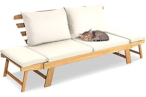 GIANTEX Canapé de Jardin Convertible pour 2 Personnes, Lit de Jardin Extensible 3 en 1 avec Coussins et Oreillers, Cadre en Bois d'Acacia, pour Balcon, Porche, Beige