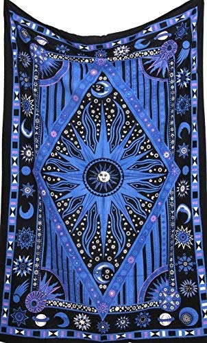 Craftozone Indian sun moon Diamond wall hanging hippy tribal tapestry wall throw by Blue (220x140 cm