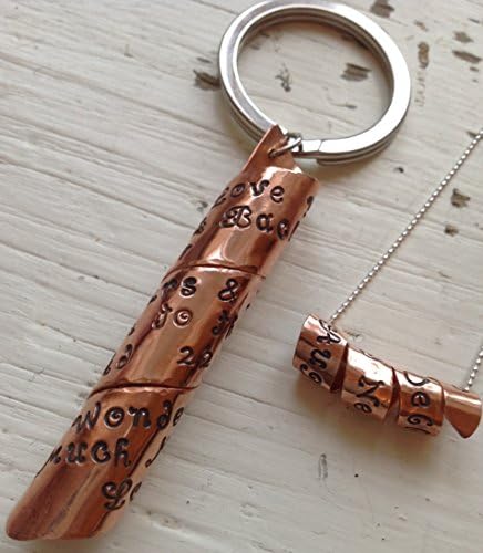 Personalised, Hand Stamped 7th Anniversary Copper Secret Message Double Scroll Necklace &amp; Keyring Set