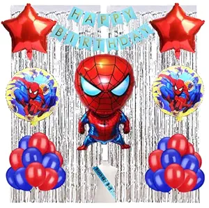 Blue Rocks Spiderman Theme Birthday Decorations Kit Combo of 52 Pcs for Baby Kids Boys, Spiderman Foil Balloon, Birthday Sash & Banner, Blue & Red Balloons, Silver Curtains