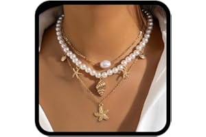 Reaky Pearl Layered Necklaces Gold Beach Starfish Pendant Necklace 3 Pcs Shell Necklaces Chains for Women