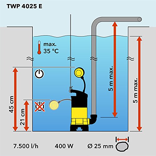 TROTEC TWP 4025 E Schmutzwasser Klarwasser Tauchpumpe, 400 Watt Leistung, bis zu 7.500 Liter Wasser (max. 5 m Tiefe) , Fremdkörper bis 25 mm, Automatisches Ein- und Ausschalten dank des stufenlos einstellbaren Schwimmschalters - 7