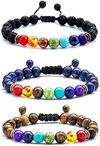 HCHIDS Men Women 8mm Lava Rock Chakra Beads Bracelet Braided Rope Stone Agate Bracelet Bangle Set (3 Pcs Set)