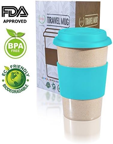 14oz Reusable To Go BLUE Travel Mug Leak proof with Lid &amp; Heat Resistant Non slip Grip. Made with 100% Organic Eco friendly Biodegradable Material FDA approved BPA free.