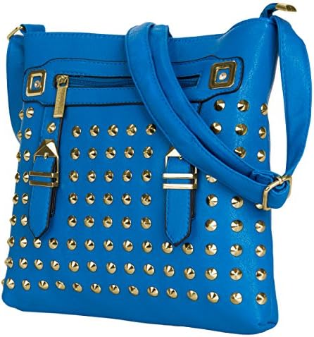 SLectionAccess Rock Studded Vegan Leather Crossbody Shoulder Bag Fits 10.5" Tablets(VGRockStudBLU)