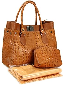 BELLI Set 3in1 BORSE IN PELLE cognac braun - Echt Leder Handtasche cognac Kroko Prägung + Kosm. Tasche + Tuch