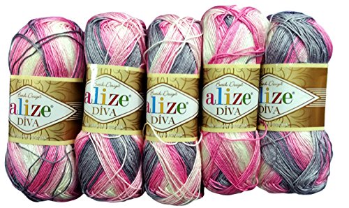 5 x 100 Gramm Alize Batik Wolle rosa grau weiß mit Farbverlauf, Nr. 3245, 500 Gramm merzerisierte Strickwolle