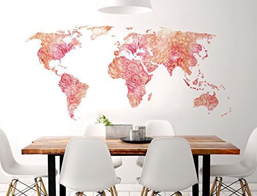 I-love-Wandtattoo WAS-10757 Living room wall stickers "Worldmap in orange and red with an integrated pattern" Continents for gluing Countries Wall tattoo Earth Wall Sticker Globe Map Sticker Wall Decoration